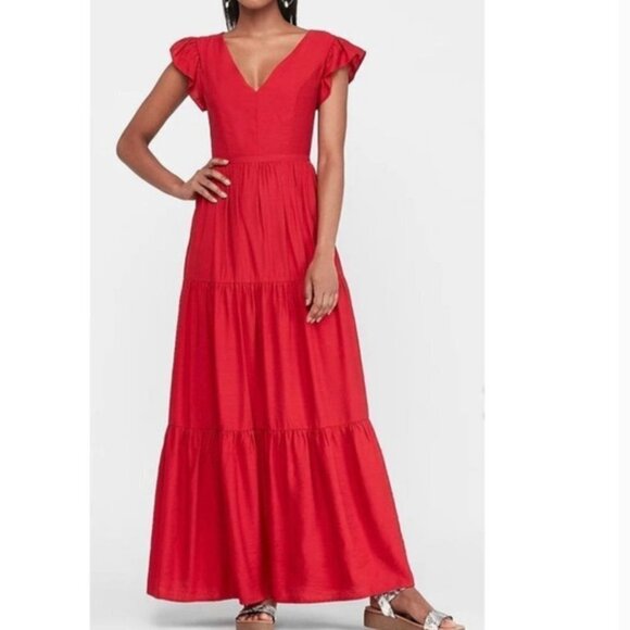 Express Women Maxi Dress XL Coral Pink Tiered Ruffle Sleeve‎ Open Tie Back - Picture 1 of 14
